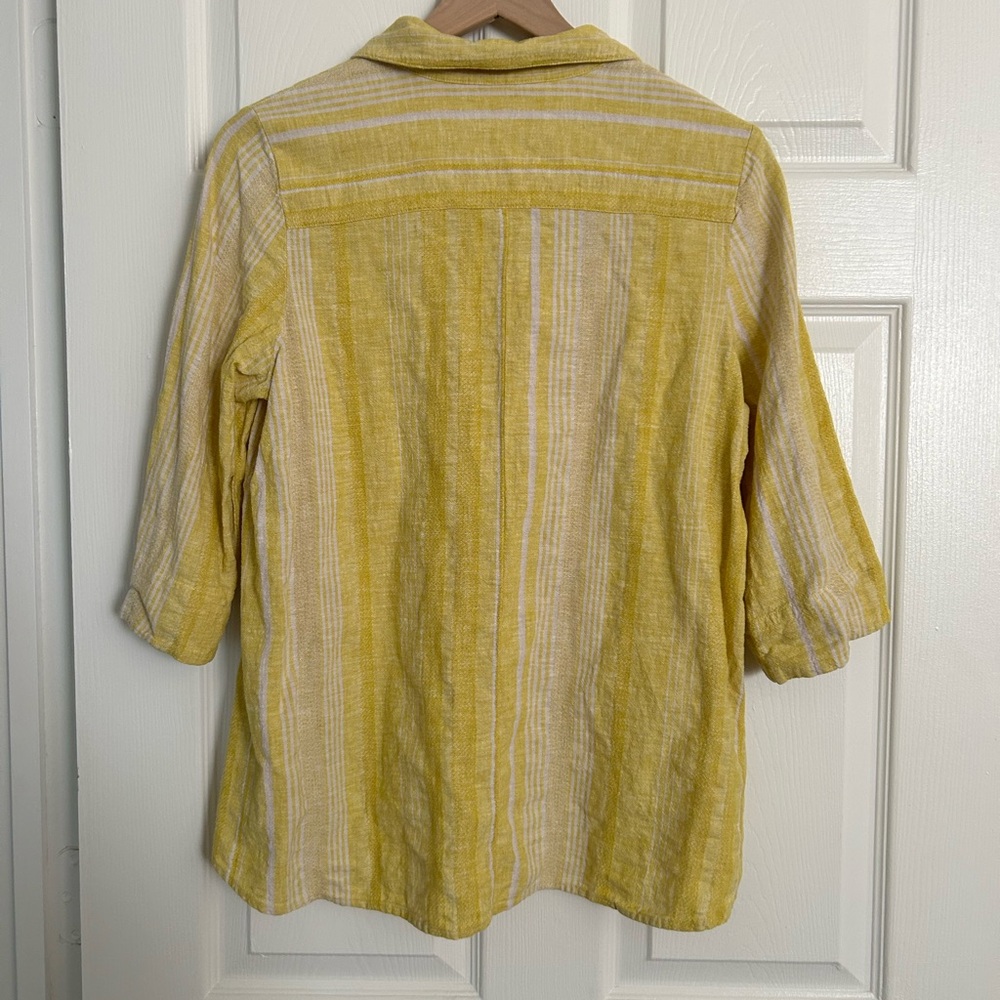 Soft Surroundings Livienne Linen Buttn down yellow striped blouse Medium Petite - Picture 8 of 10